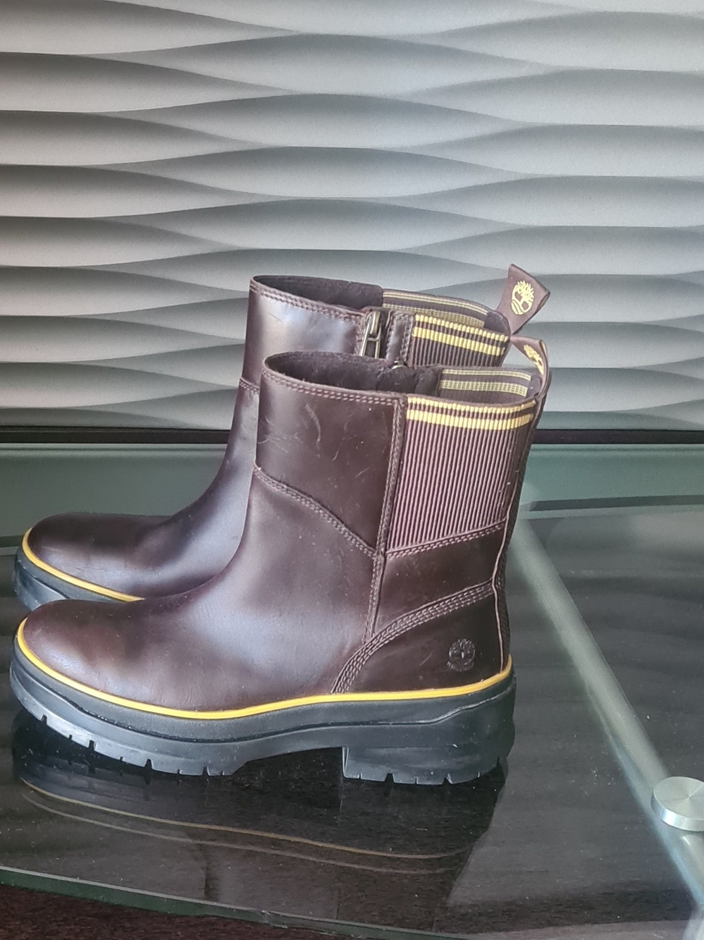 Brown Waterproof Timberland Ankle Boots with Yellow Trim